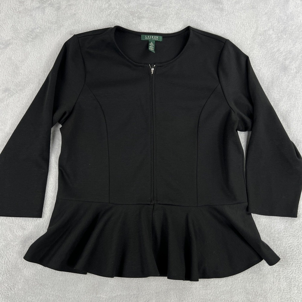 Lauren Ralph Lauren Peplum Zip Front Top XL Black Womens Stretch Ponte Jacket